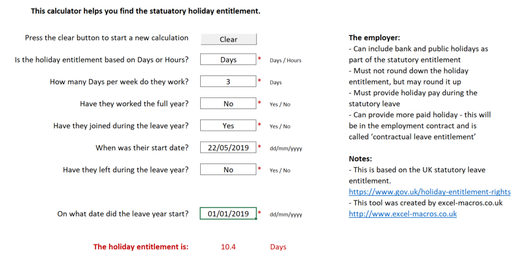 Screenshot of the statutory holiday entitlement calculator in Excel